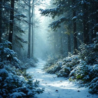 The primary subject of the image is a snowy path surrounded by trees. The setting is a forest with snow-covered trees, creating a serene and peaceful atmosphere. The visual style is a photo, capturing the beauty of the snowy landscape and the trees. The colors and mood are predominantly blue and white, with the snow adding a touch of coldness to the scene.